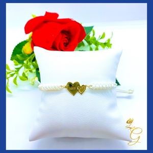 18K Real Solid Gold Love Heart with White Braided String Bracelet